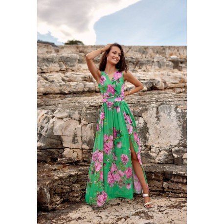 Dámské MAXI šaty květinové, Velikost 38, Barva Zelená, Vzor Květinový L&S Fashion 159