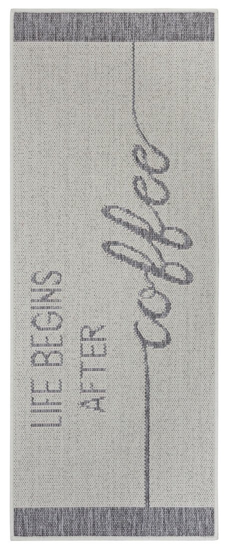 Hanse Home Collection koberce Běhoun Cucina Life Begins After Coffee 105628 Cream Grey - 62x150 cm Bílá