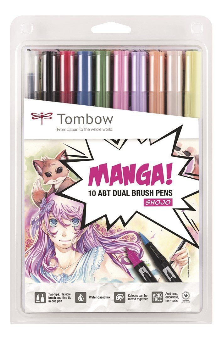 Tombow, ABT-10C-MANGA2, ABT Dual Brush pen, oboustranné popisovače, Manga set Shojo,  10 ks