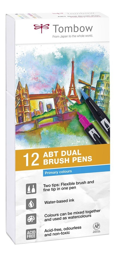 Tombow,  ABT-12P-1, ABT Dual Brush pen, oboustranné popisovače, Primary/Base tone, 12 ks