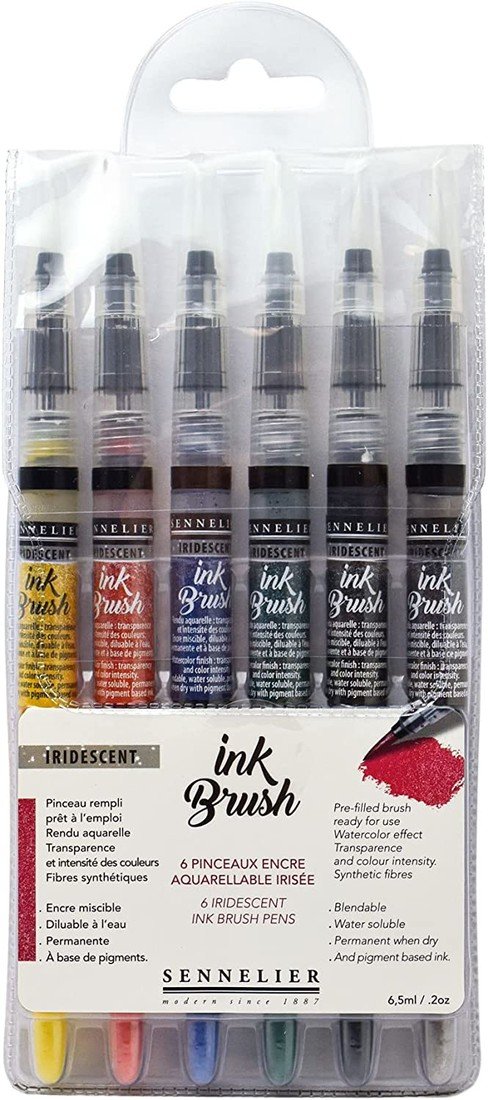 Sennelier, P131697.02, Ink Brush, štětečkové popisovače, Iridescentní odstíny, 6 ks