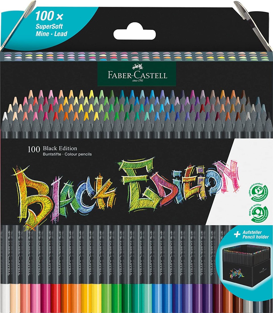 Faber-Castell, 116411, Black Edition, Supersoft, sada ergonometrických pastelek s černým lakováním, 100 ks