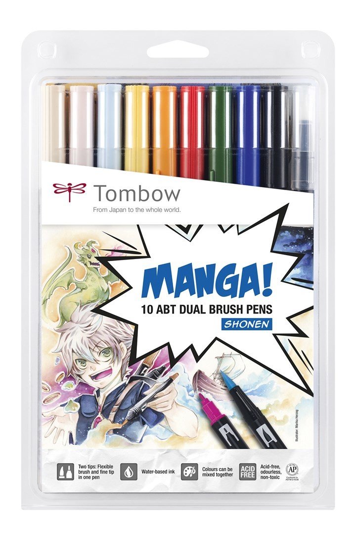 Tombow, ABT-10C-MA, ABT Dual Brush pen, oboustranné popisovače, Manga set Shonen, 10 ks