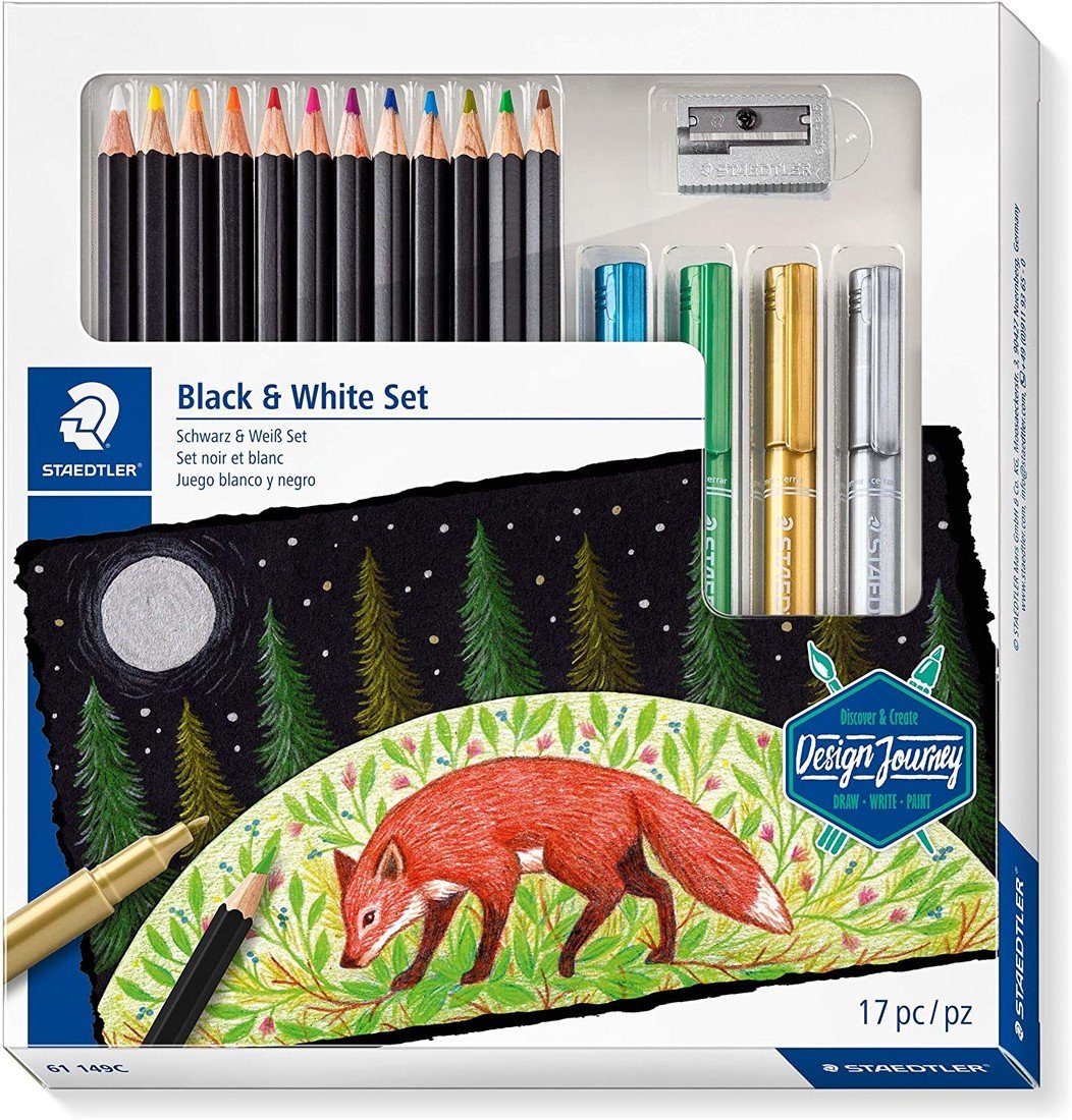 Staedtler, 61 149C, Design Journey, Black & White, sada super soft pastelek s popisovači, 17 ks