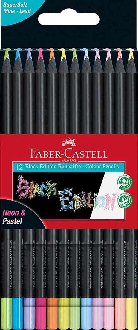 Faber-Castell, 116410, Black Edition, Supersoft, sada pastelek s černým lakováním,  neon/pastel, 12 ks