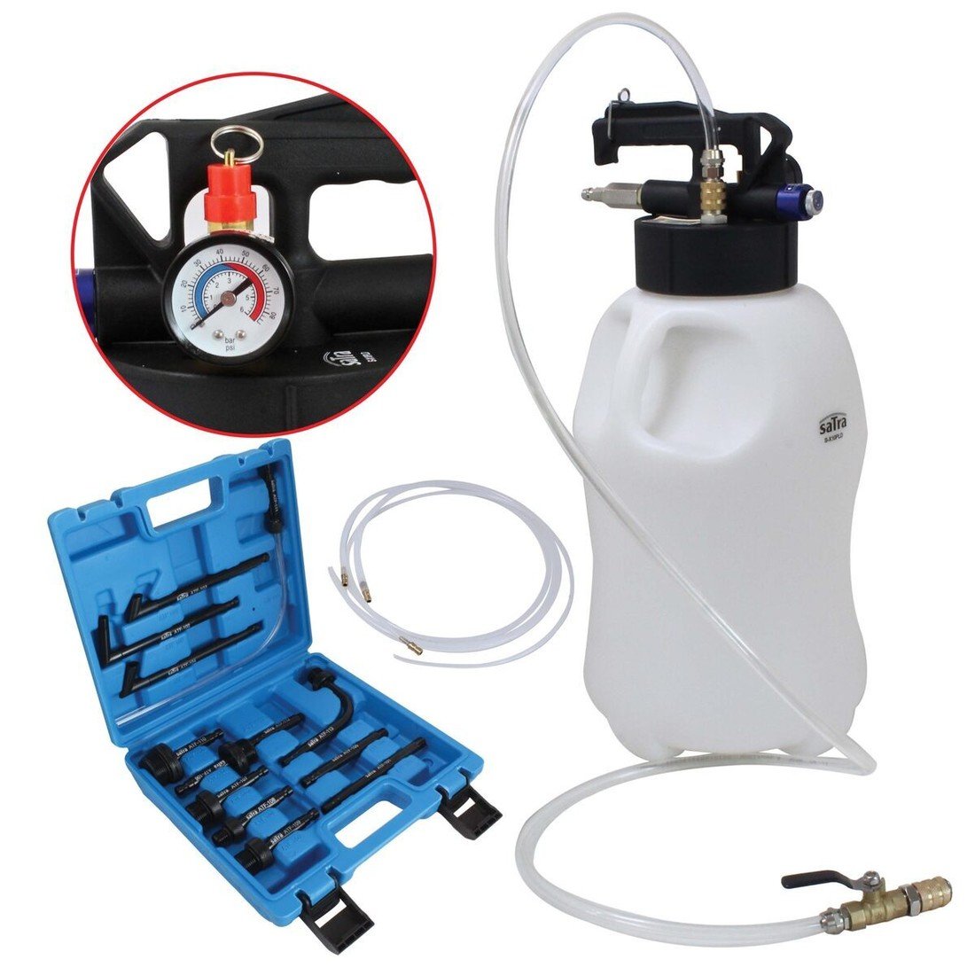 Pneumatická plnička a odsávačka oleje automatických převodovek, s adaptéry, 10 l - SATRA