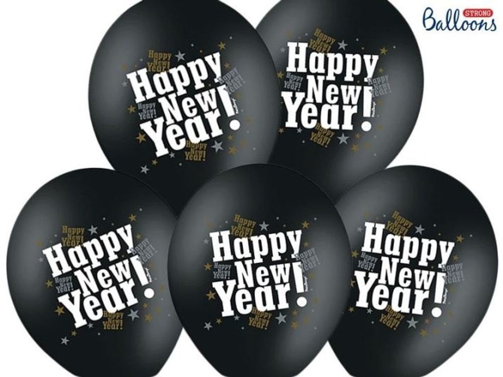 Balónky 30 cm metalické černé - Happy New Year - Silvestr - xPartydeco