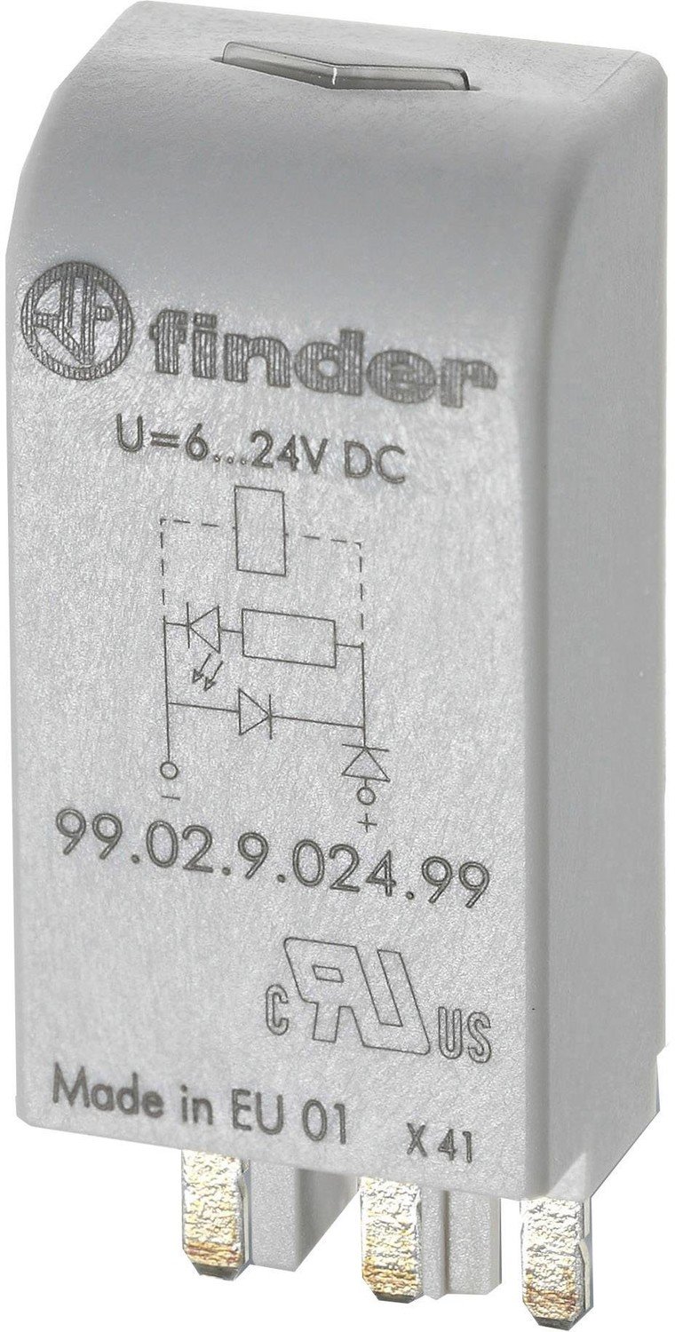 Finder zasouvací modul s diodou s LED diodou, s varistorem  99.02.0.024.98  Vhodné pro model (relé): Finder 90.02, Finder 90.03, Finder 92.03, Finder 94.03, Finder 94.04, Finder 95.05, Finder 96.02, F