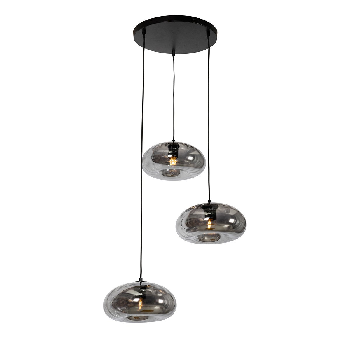 Art deco hanglamp zwart met smoke glas rond 3-lichts - Ayesha
