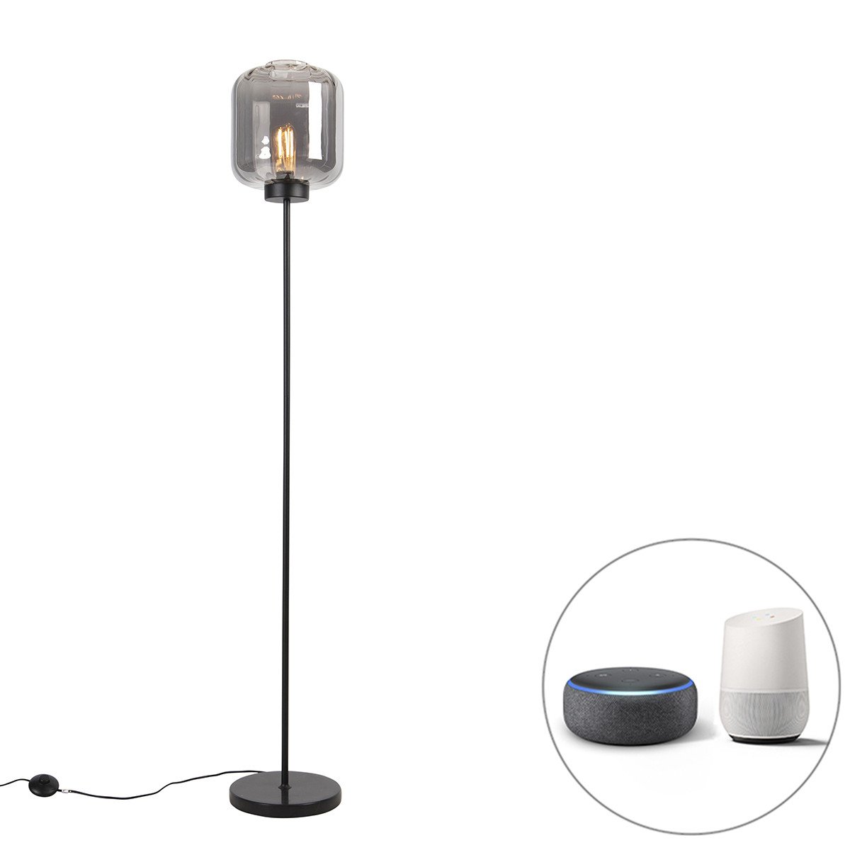 Chytrá stojací lampa černá s kouřovým sklem včetně Wifi ST64 - Qara