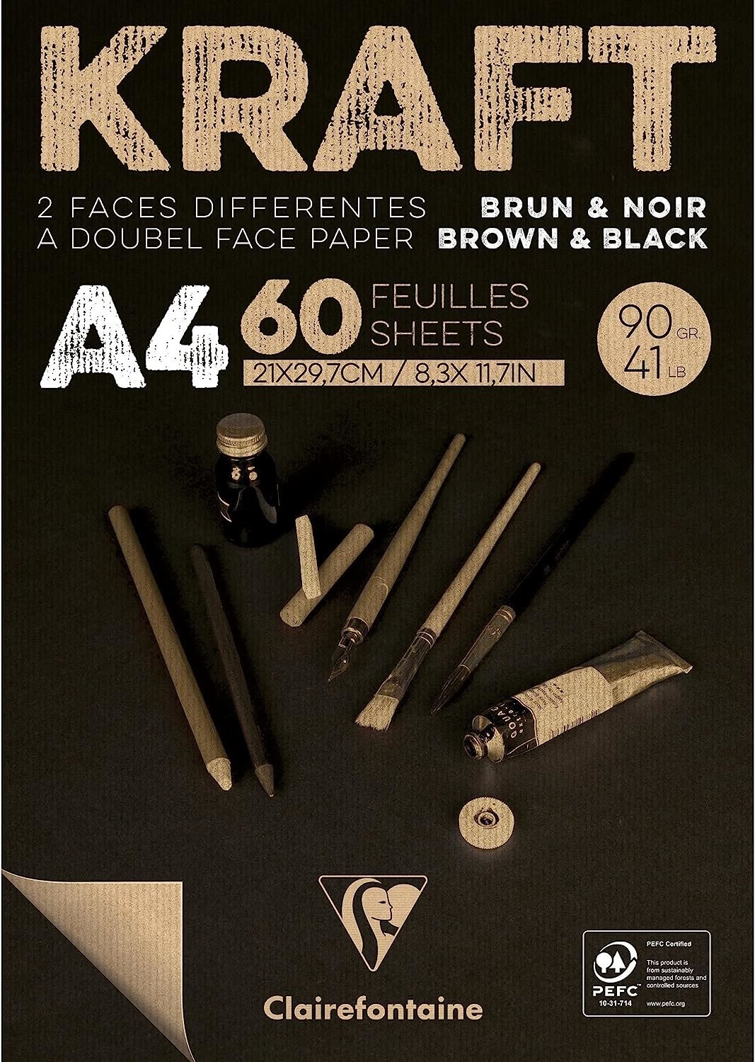 Clairefontaine, 975818C, Brown & Black Kraft, blok kraftového papíru, A4, 90 g, 60 listů