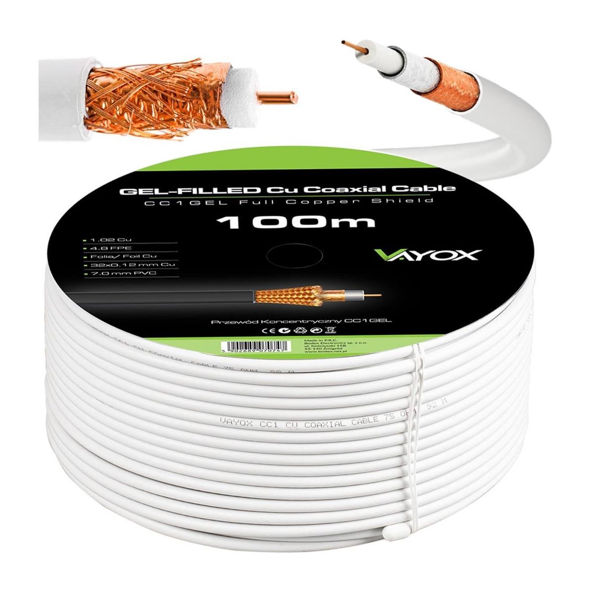 Anténní koaxiální kabel měděný CU 4K Full HD Bílý 100M VAYOX