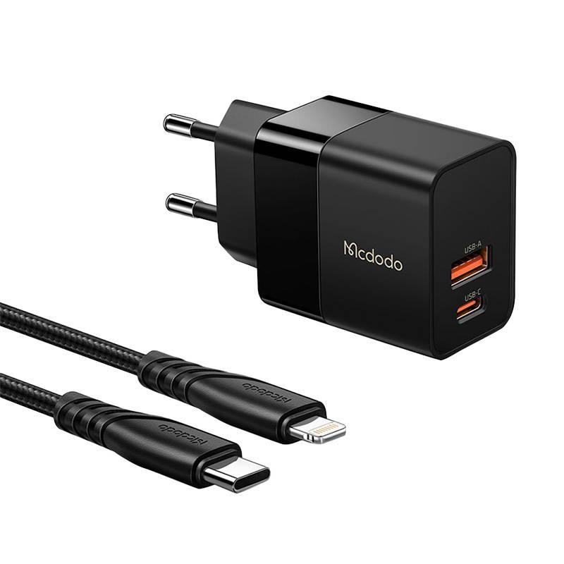 Mcdodo CH-1952 USB + USB-C, 20W síťová nabíječka + kabel USB-C na Lightning (černý)
