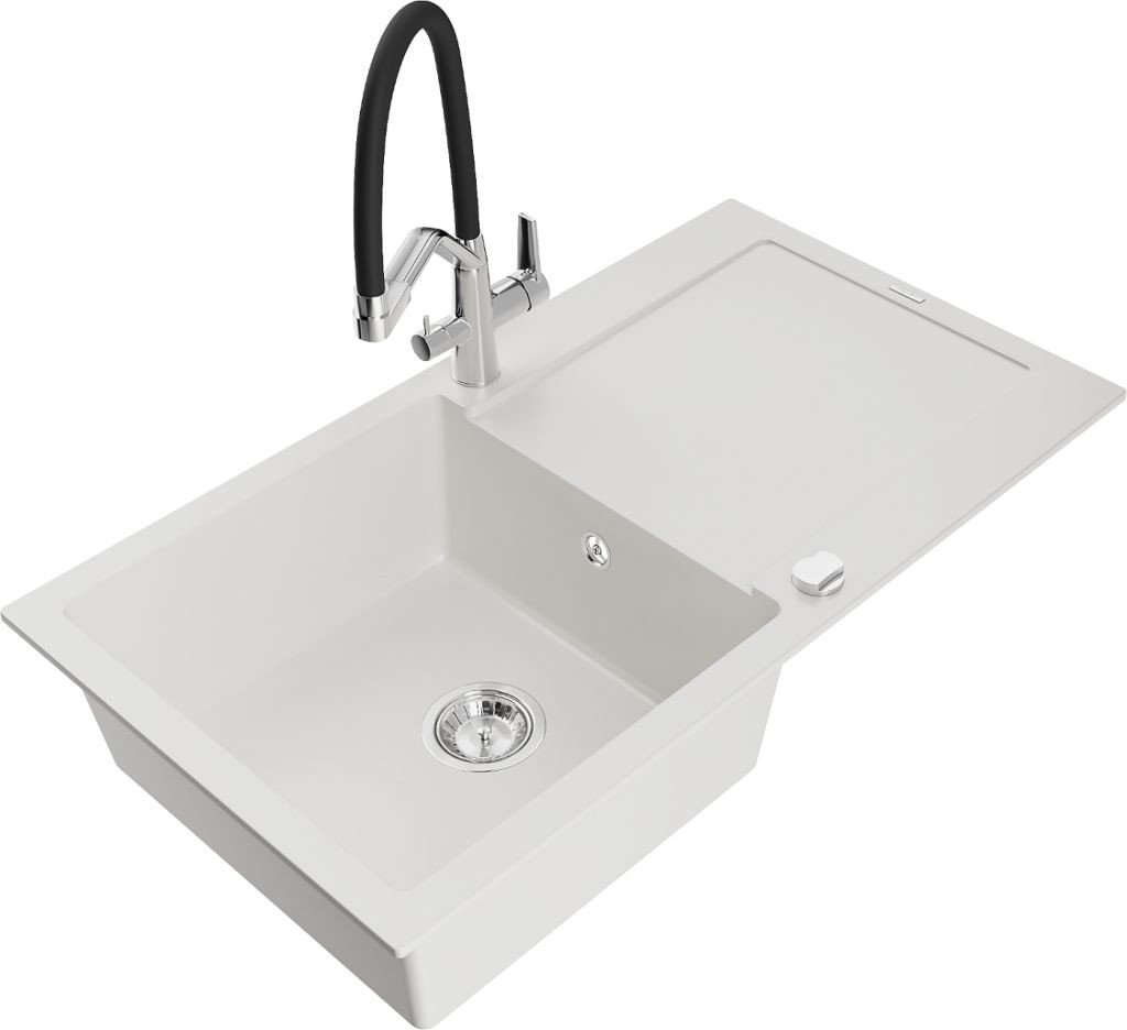 MEXEN/S Leo granitový dřez 1-miska s odkapávačem včetně baterie Duo, bílá 6501-20-671701-07