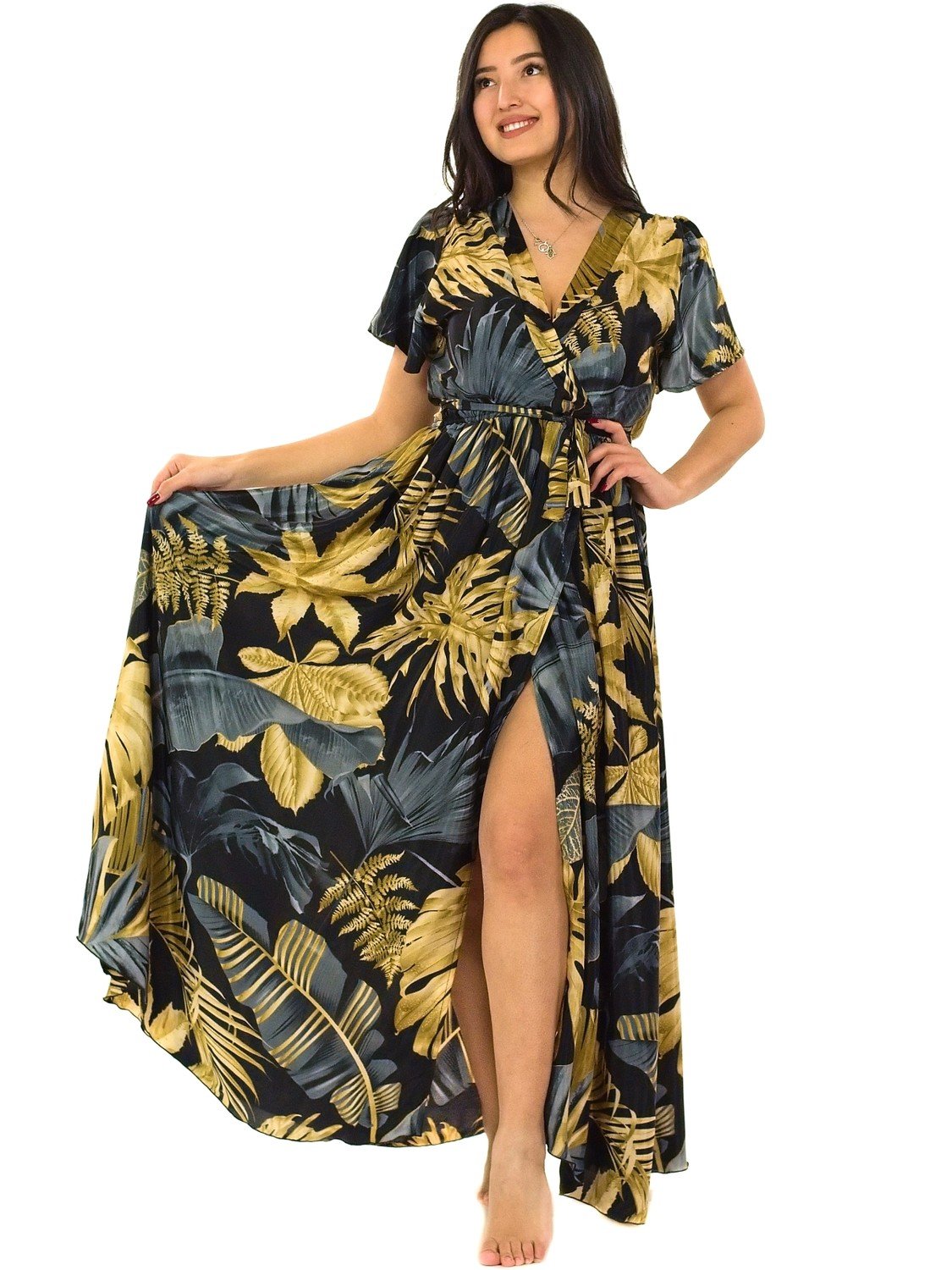 Himalife Dlouhé zavinovací šaty Leaf - černá se zlatou Velikost: S/M