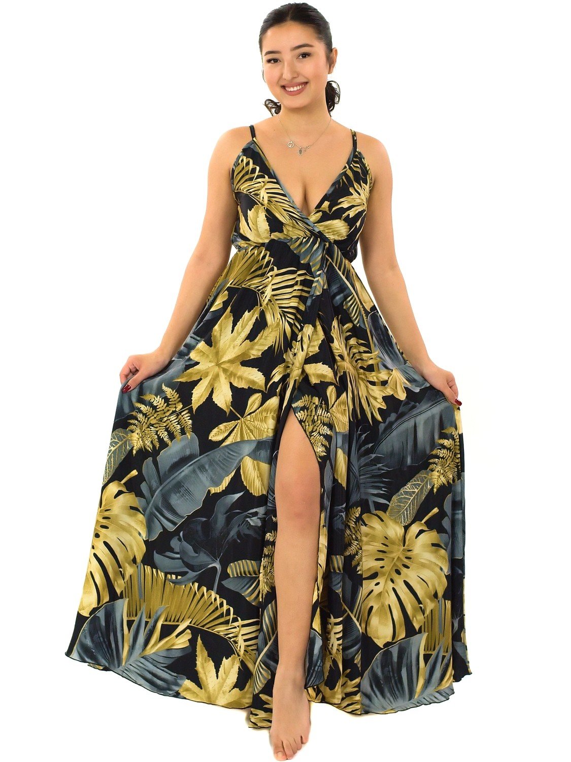 Himalife Dlouhé maxi šaty Leaf - černá se zlatou Velikost: S/M