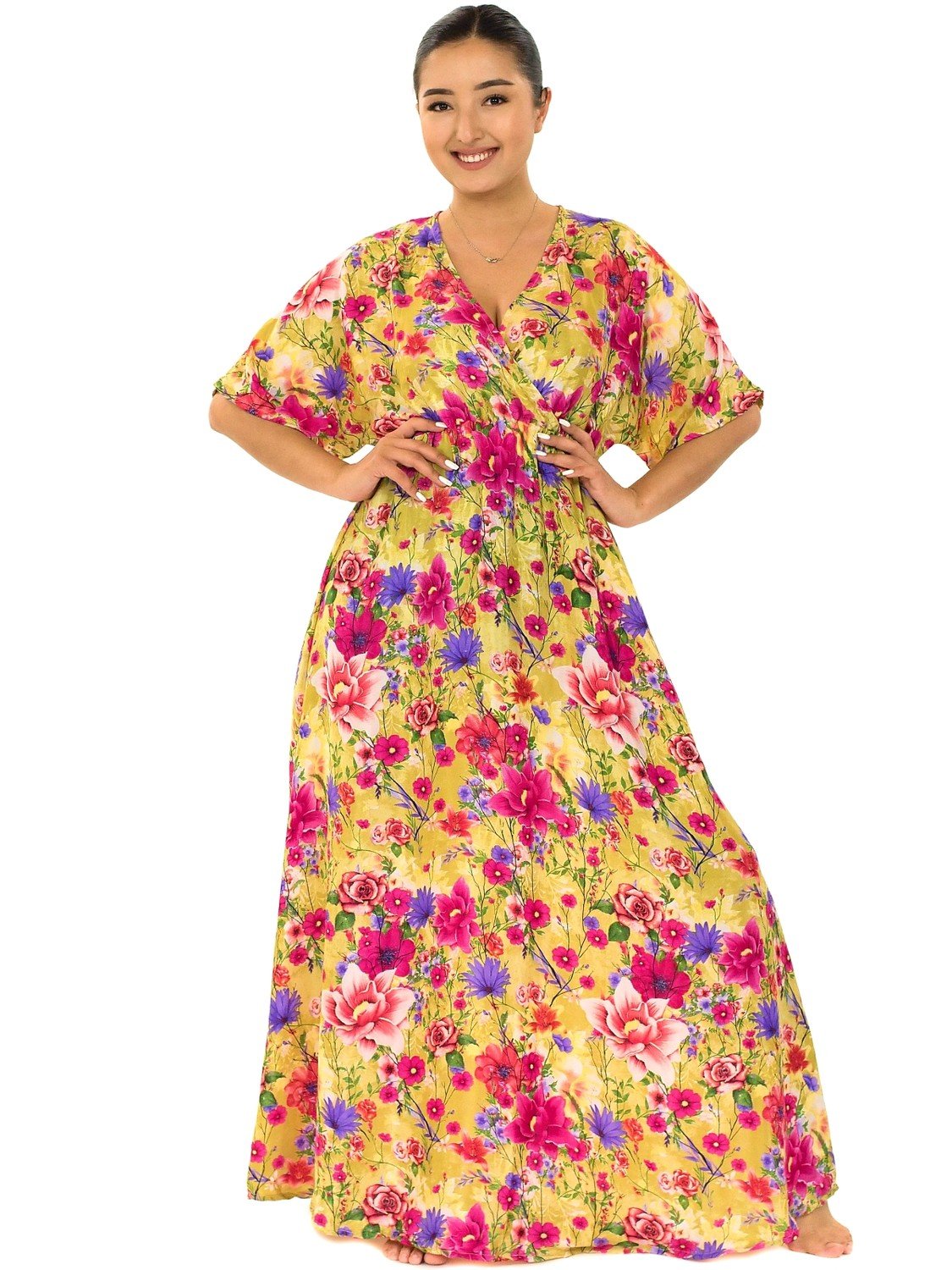 Himalife Dlouhé maxi šaty s krátkým rukávem Flora - žluté s barvami Velikost: S/M