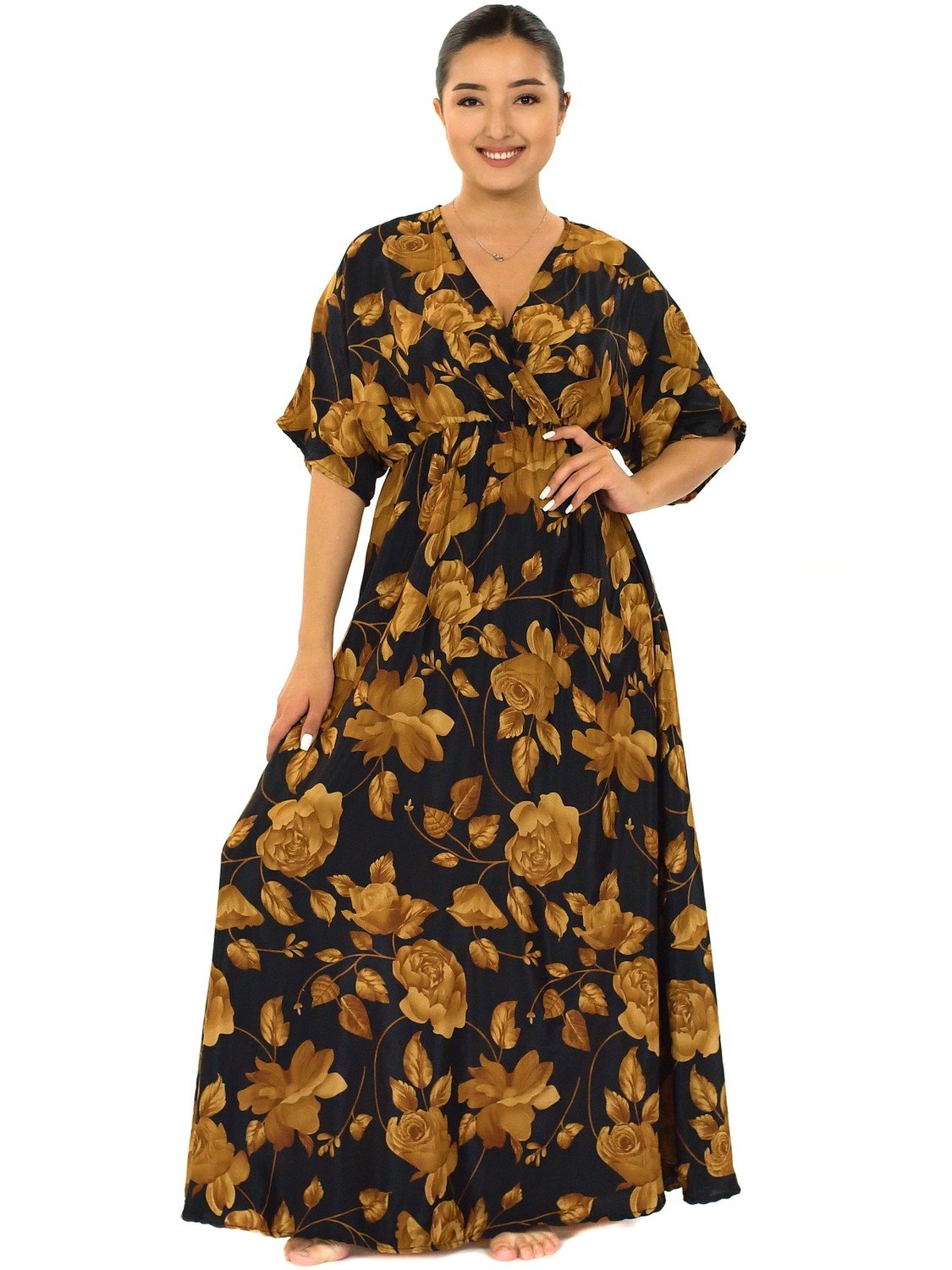 Himalife Dlouhé maxi šaty s krátkým rukávem Laila - černá se zlatou Velikost: S/M