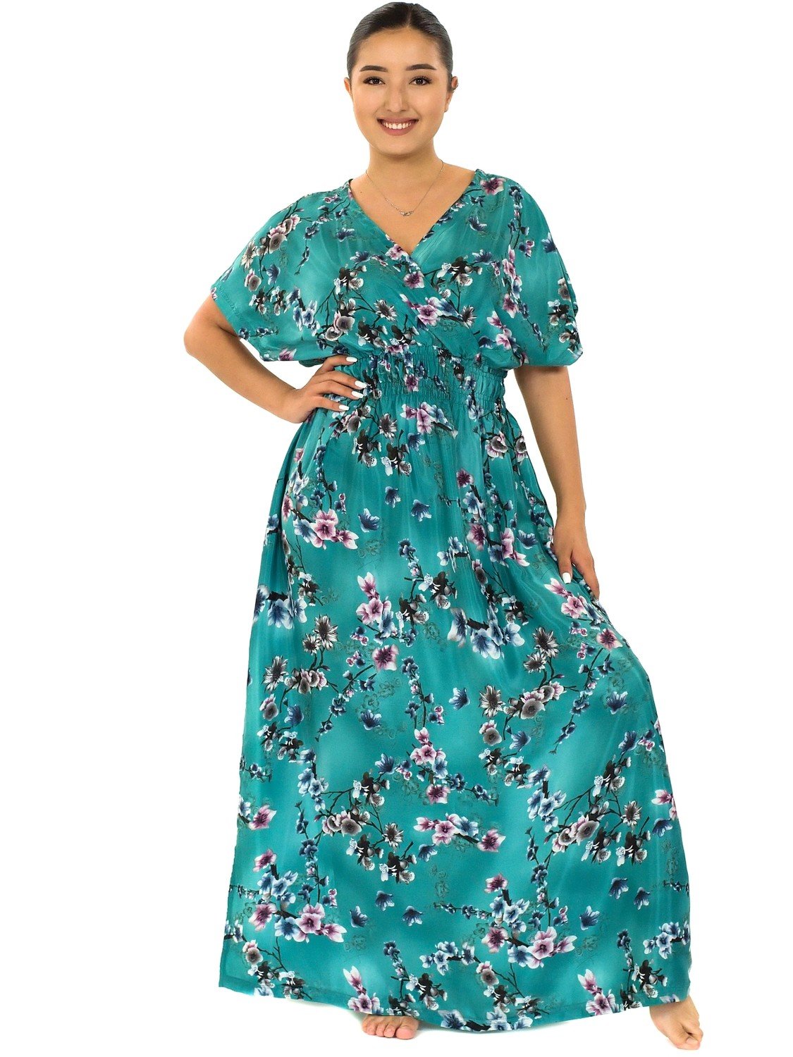 Himalife Dlouhé maxi šaty s krátkým rukávem Soha - tyrkysové Velikost: S/M