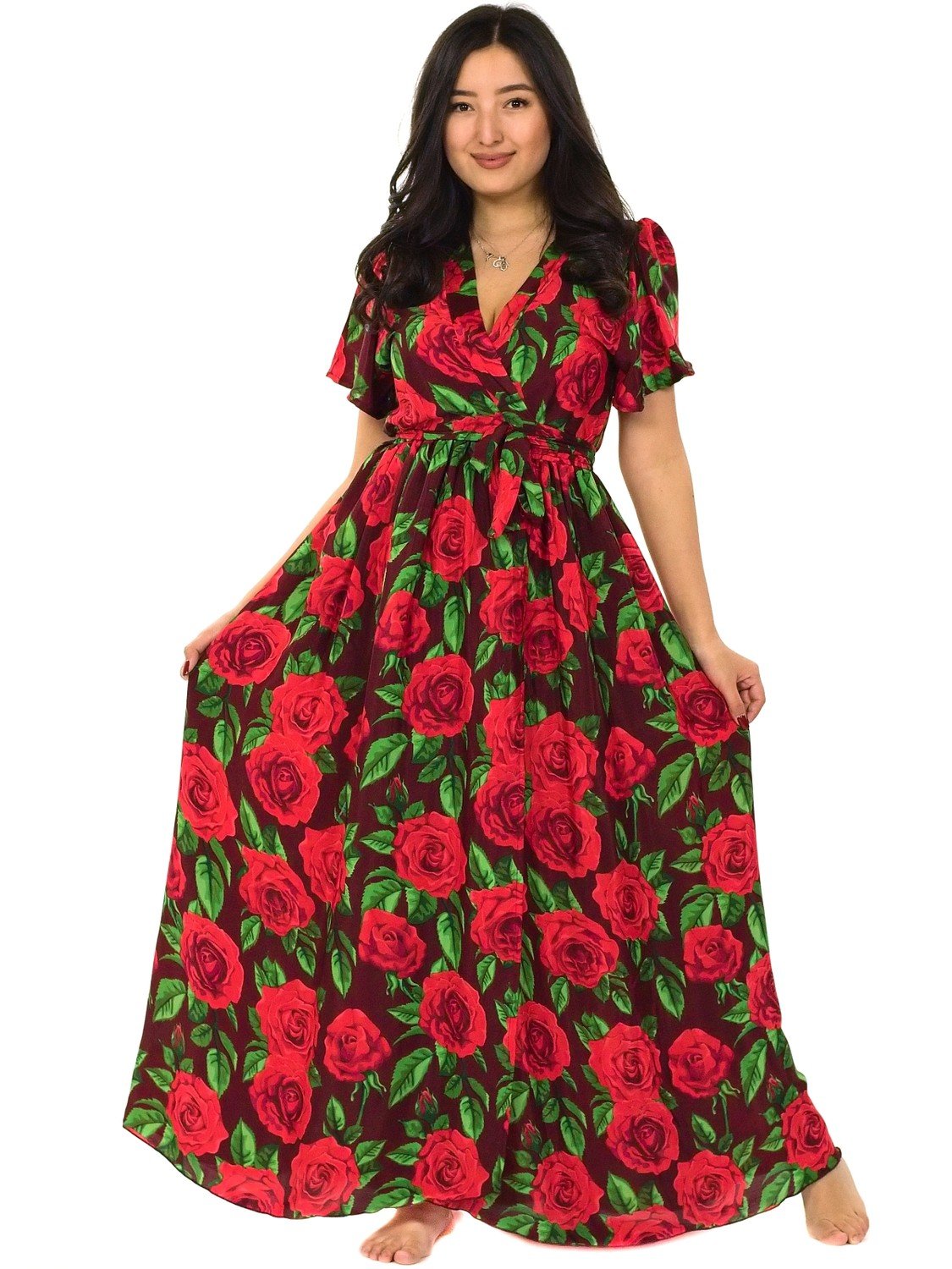 Himalife Dlouhé zavinovací šaty Růže - hnědá s červenou Velikost: S/M