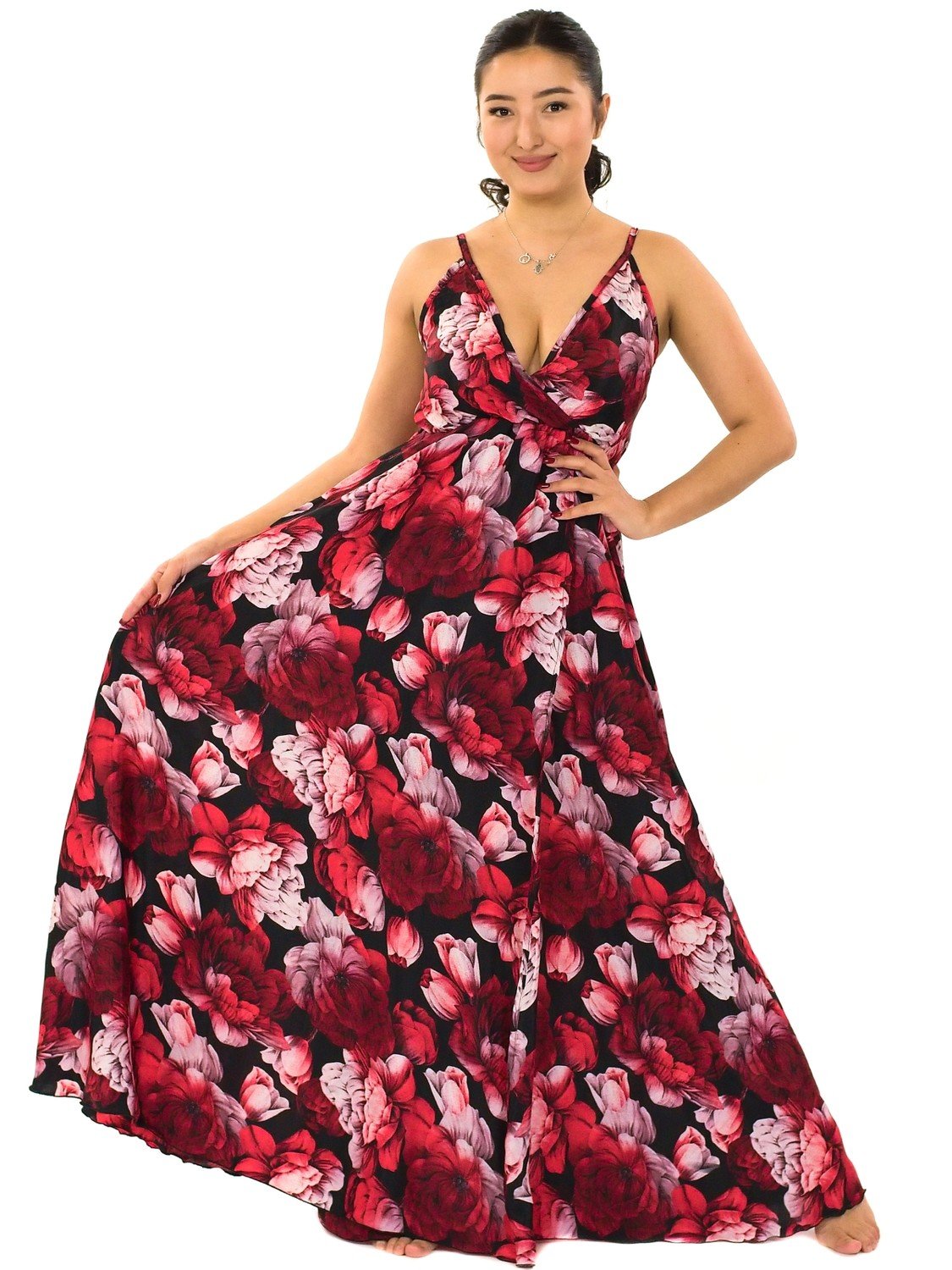 Himalife Dlouhé maxi šaty Pivoňka - černá s červenou Velikost: S/M