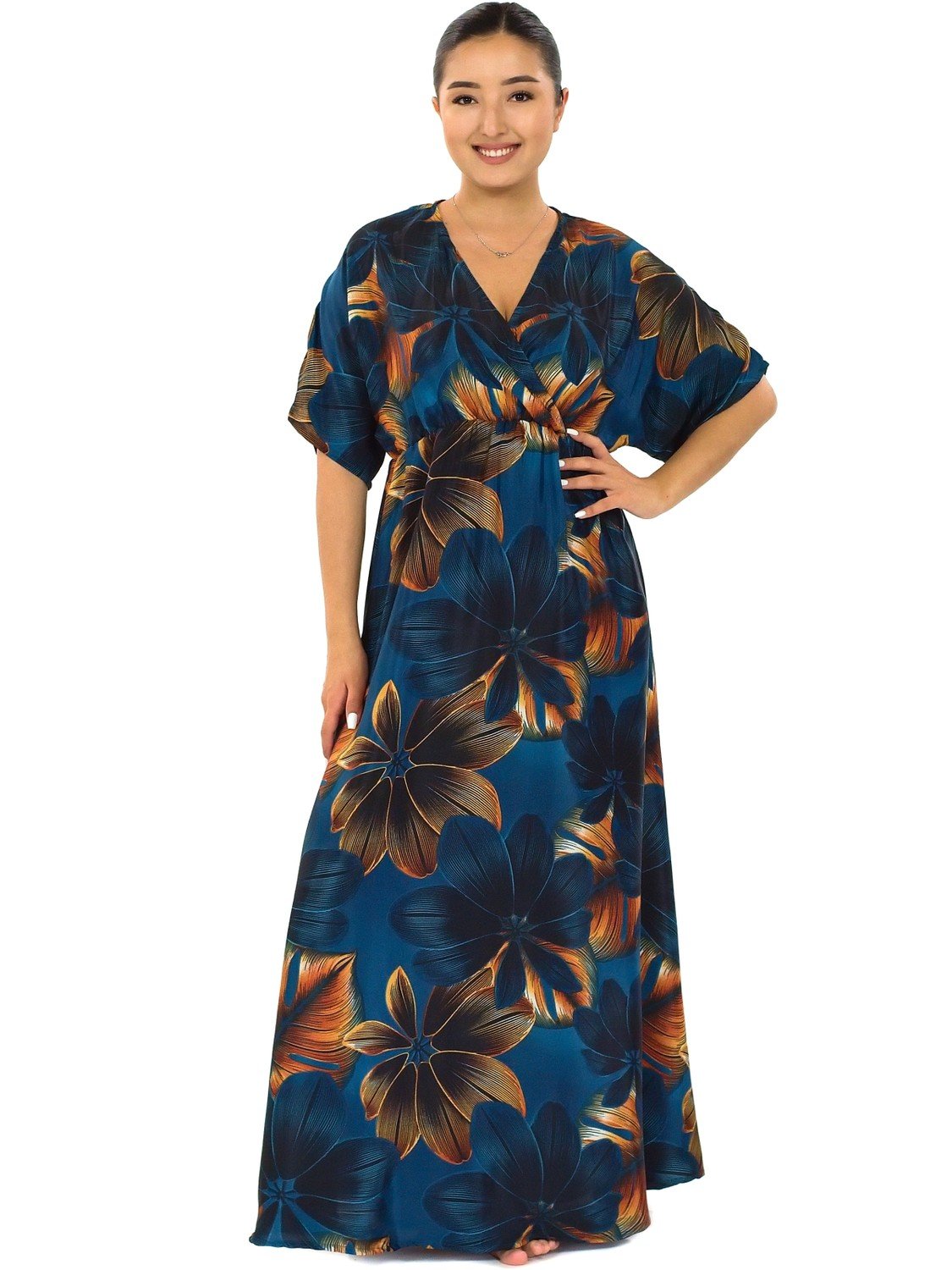 Himalife Dlouhé maxi šaty s krátkým rukávem Kaia - modrá se zlatou Velikost: S/M