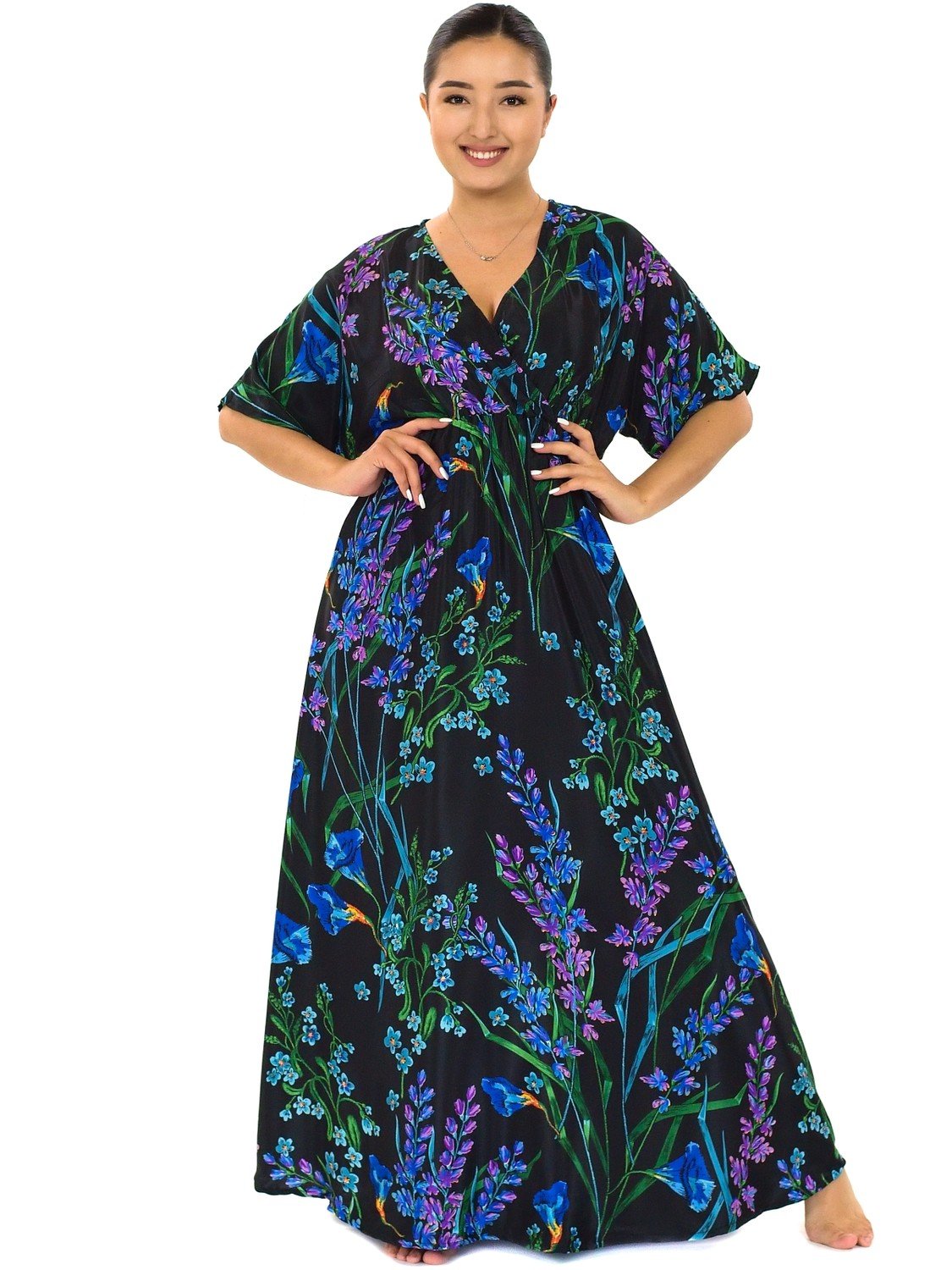 Himalife Dlouhé maxi šaty s krátkým rukávem Louka - černé s barvami Velikost: S/M