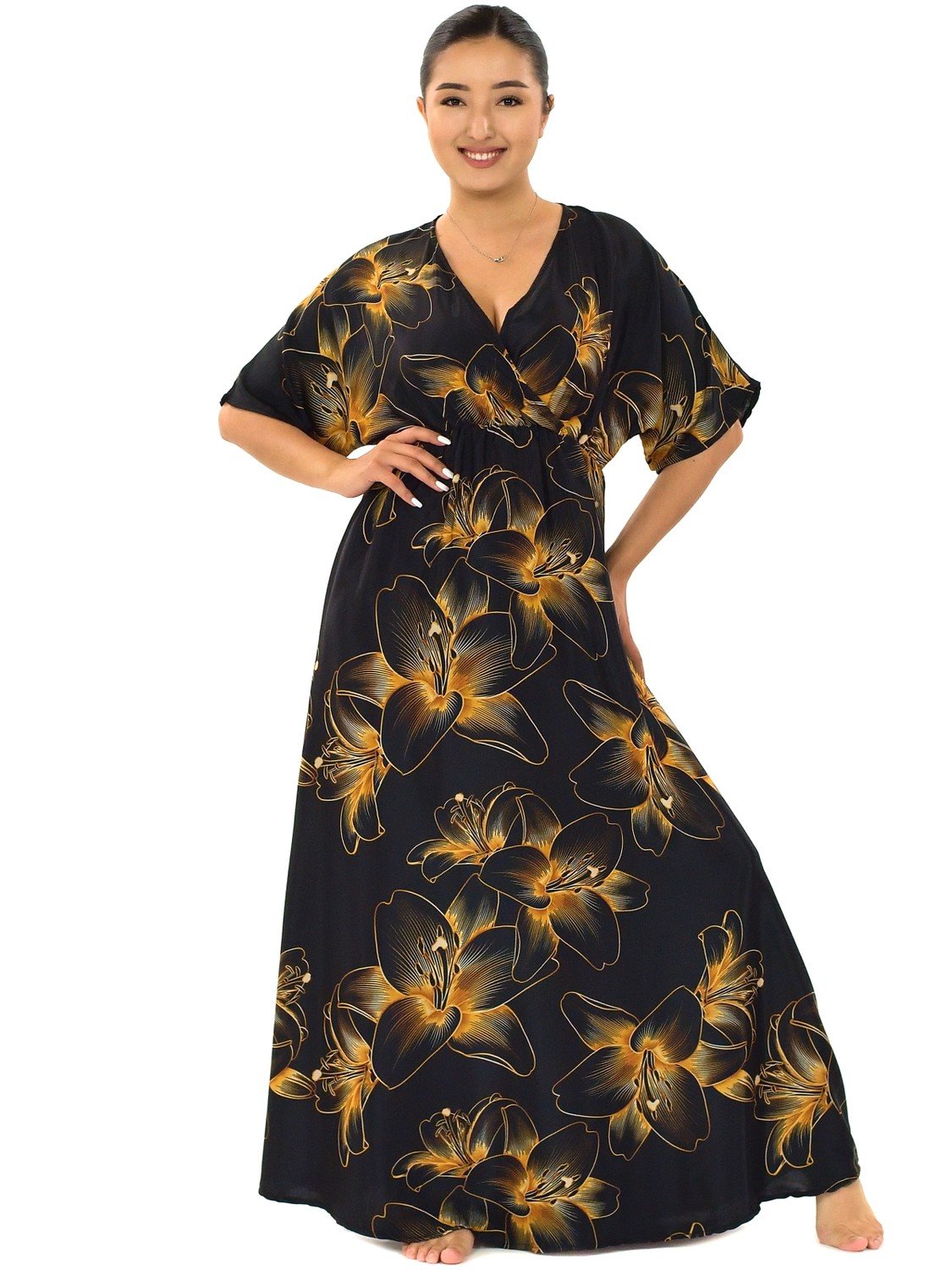 Himalife Dlouhé maxi šaty s krátkým rukávem Lilie - černá se zlatou Velikost: S/M