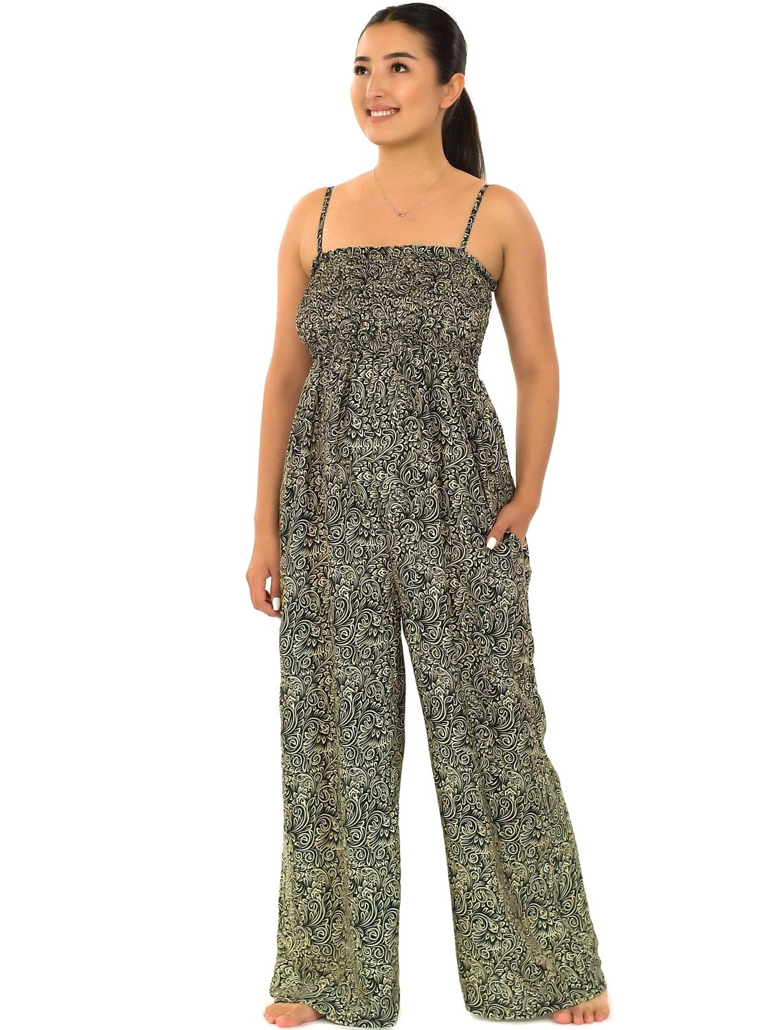 Himalife Kalhotový overal s kapsami Shanti - černá s béžovou Velikost: S/M