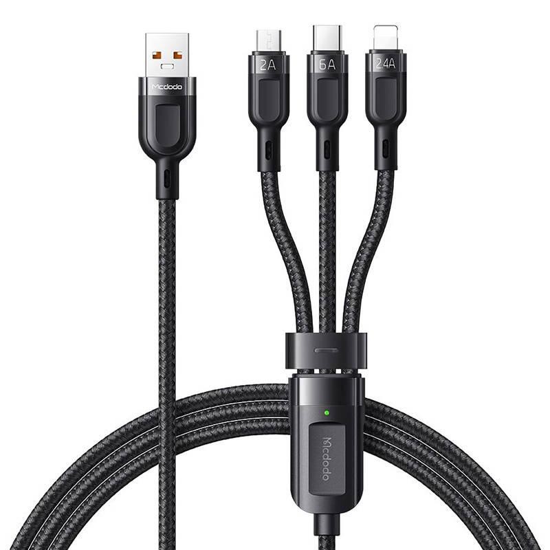 Kabel 3 v 1 USB na USB-C / Lightning / Micro USB, Mcdodo CA-0930, 6A, 1,2 m (černý)