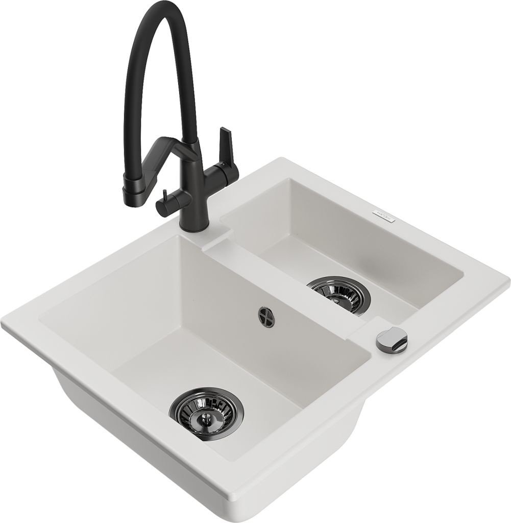 MEXEN/S Carlos granitový dřez 1.5 včetně baterie Duo, bílá 6518-20-671701-70-B