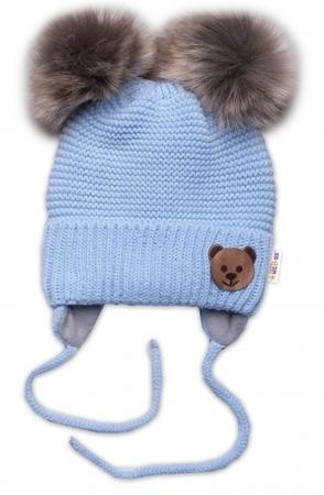 BABY NELLYS Zimní čepice s fleecem Teddy Bear - chlupáčk. bambulky - sv. modrá, šedá 56-68 (0-6 m)