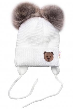 BABY NELLYS Zimní čepice s fleecem Teddy Bear - chlupáčk. bambulky - bílá, šedá 56-68 (0-6 m)