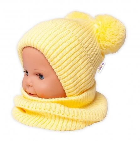 BABY NELLYS Zimní pletená čepice + nákrčník - žlutá s bambulkami 92-98 (18-36m)