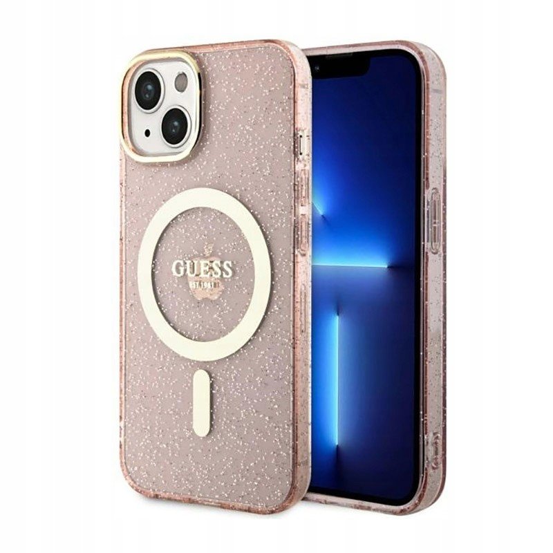Guess Glitter Gold MagSafe Kryt na iPhone 14 (Růžový