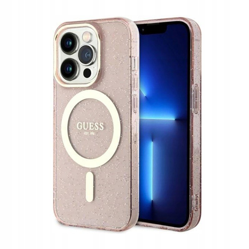 Guess Glitter Gold MagSafe pouzdro na iPhone 14 Pro Ma