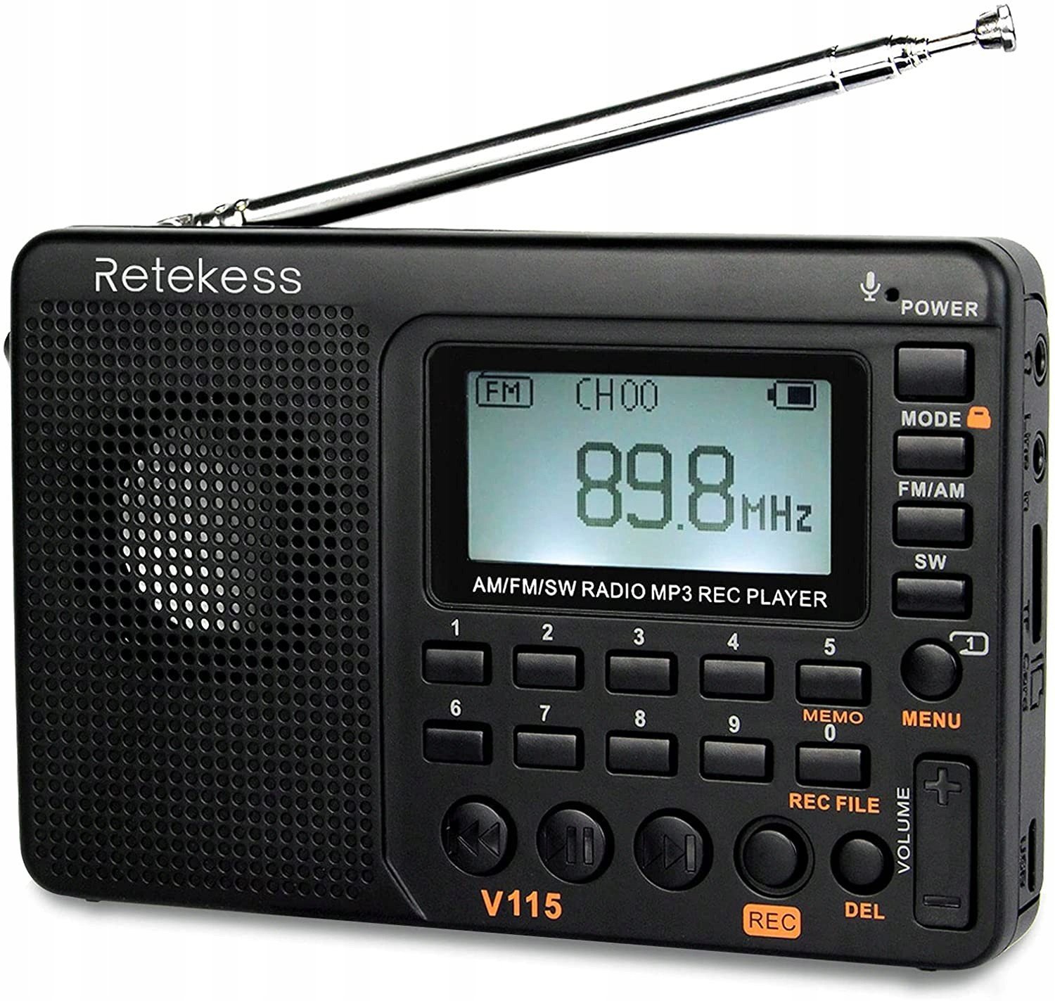 Retekess V115 přenosné Fm/am/sw rádio černé