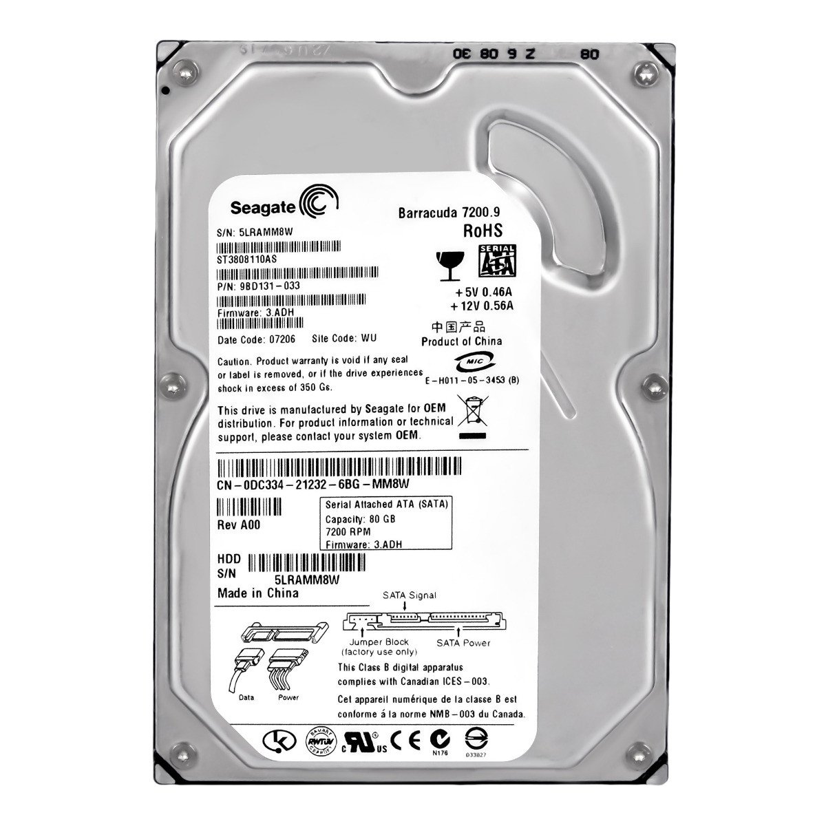 Dell 0DC334 80GB 7.2K 8MB Sata II 3.5' ST3808110AS