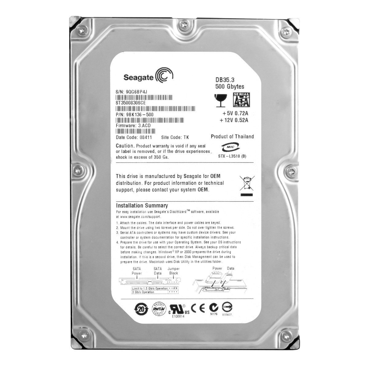 Seagate 500GB 7.2K 8MB Sata II 3.5'' ST3500830SCE