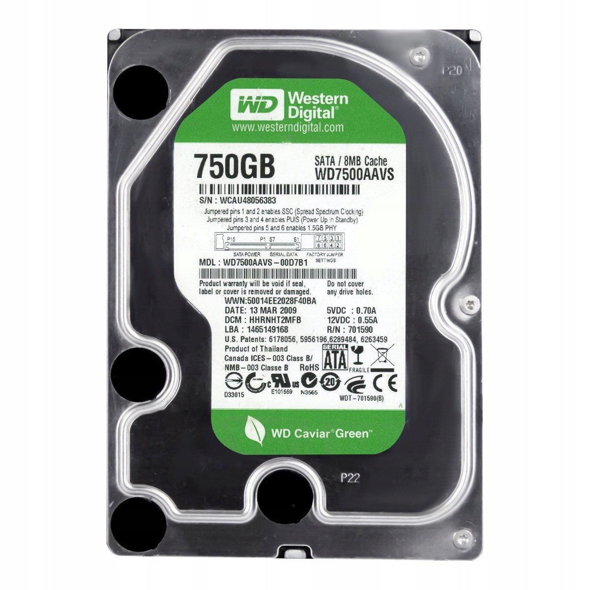 Wd Green 750GB 7.2K 8MB Sata II 3.5'' WD7500AAVS