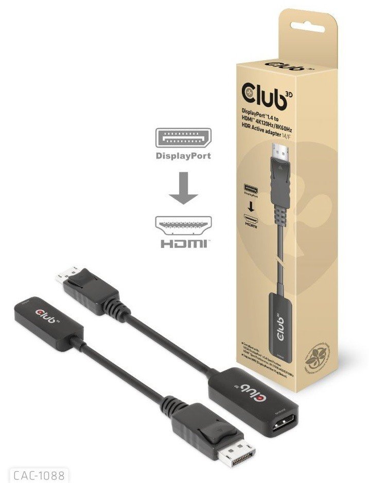 Club 3D Adaptér aktivní DisplayPort 1.4 na HDMI 4K 120Hz/8K 60Hz HDR (M/F), černá (CAC-1088)