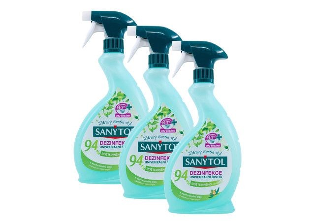 SANYTOL dezinfekční univerzální čistič 94% rostlinného původu sprej 3 x 500 ml