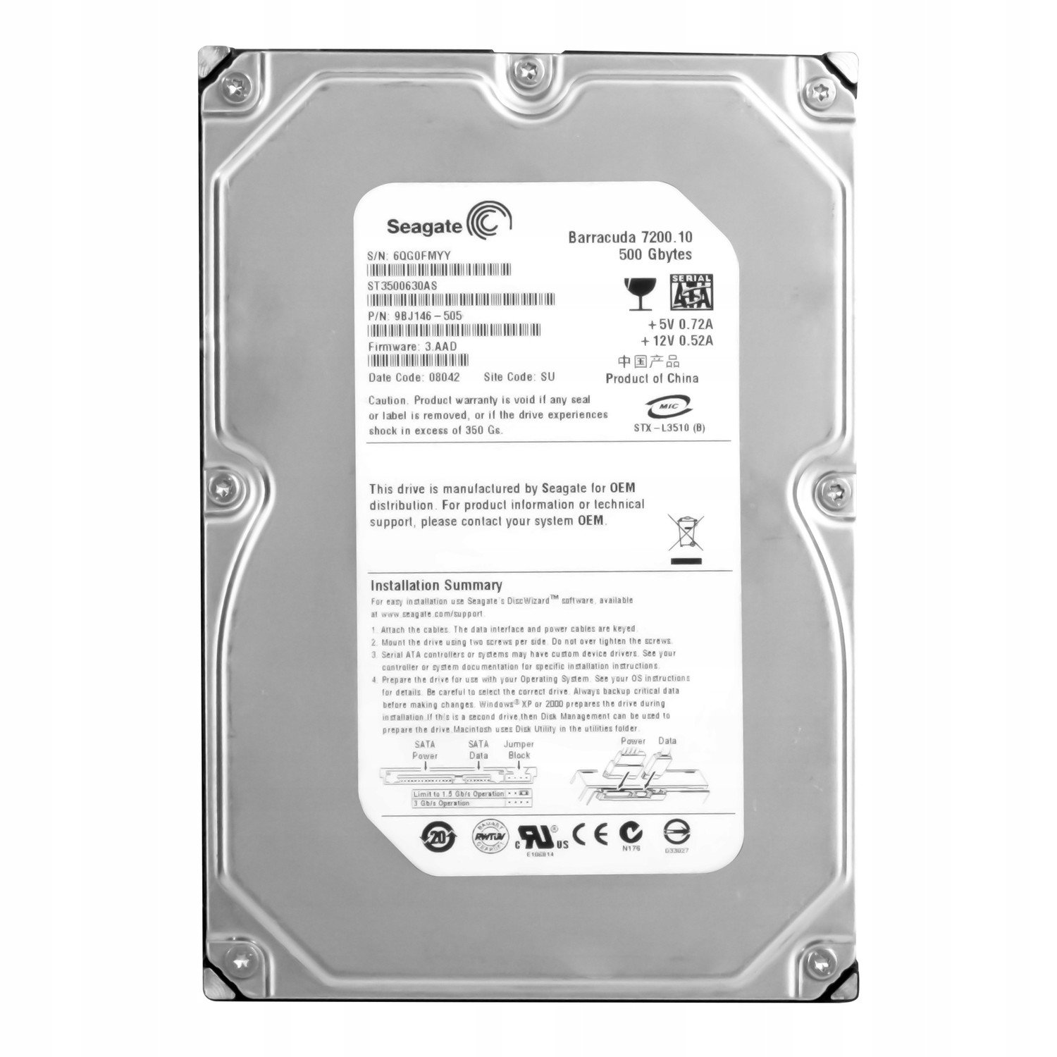 Seagate 500GB 7.2K Sata II 3.5'' ST3500630AS
