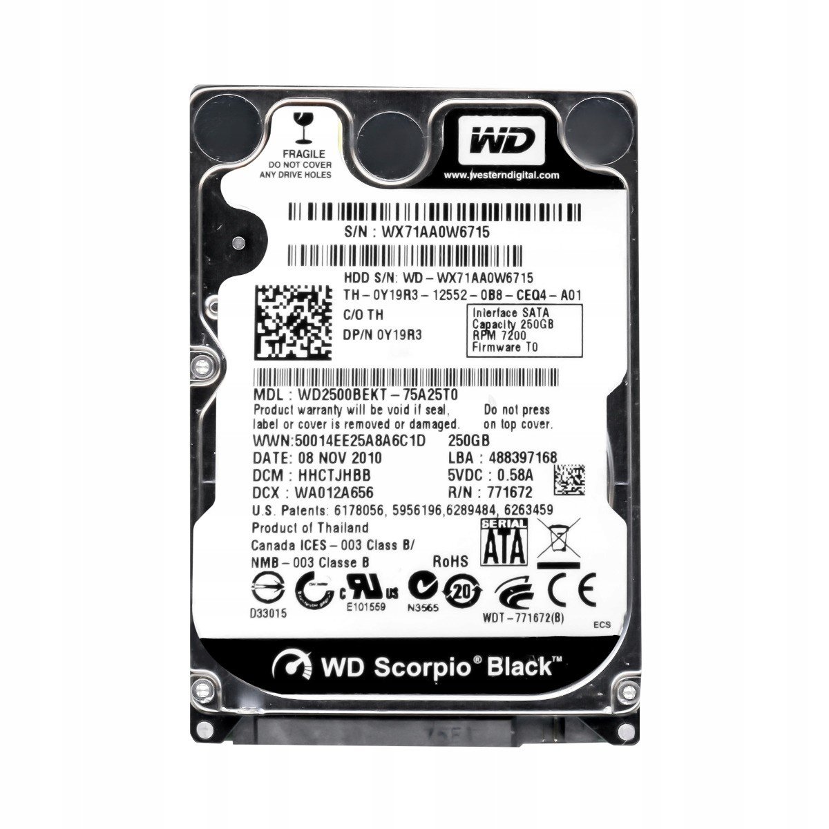 Dell 0Y19R3 250GB 7.2K Sata II 2.5'' WD2500BEKT