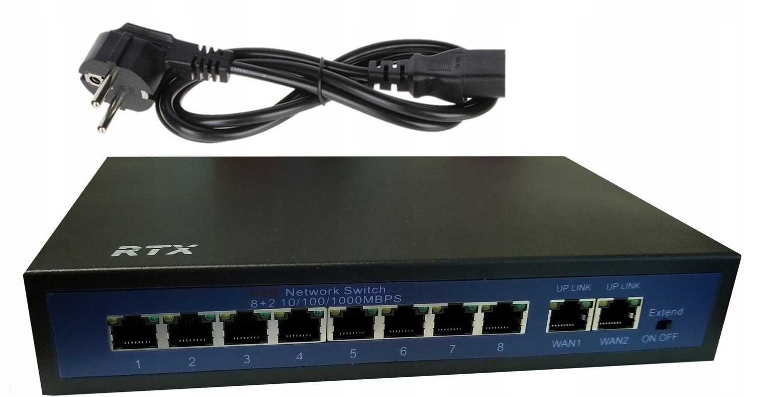 Switch Rtx 8 portů PoE až 250m 2 porty Uplink