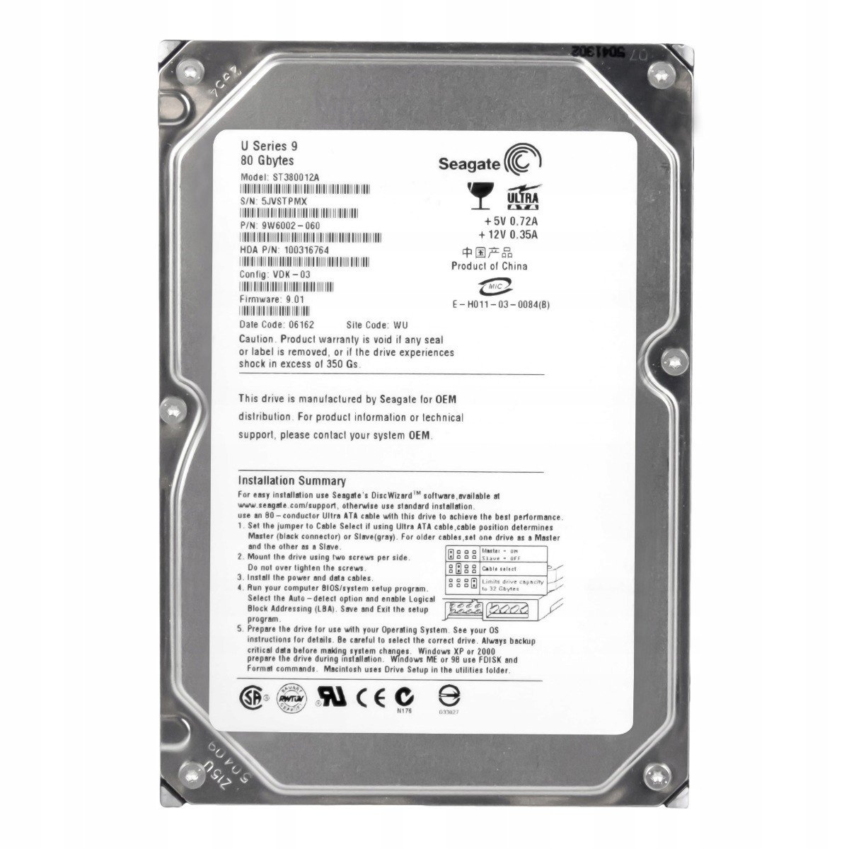 Seagate U Series 9 80GB 7,2K Ata 3,5'' ST380012A