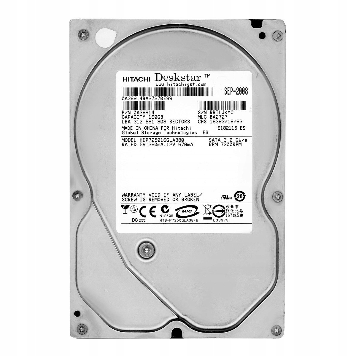 HDP725016GLA380 160GB 7.2k Sata II 3.5''