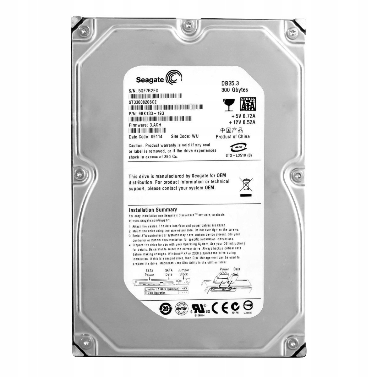 Seagate 300GB 7.2K 8MB Sata II 3.5'' ST3300820SCE