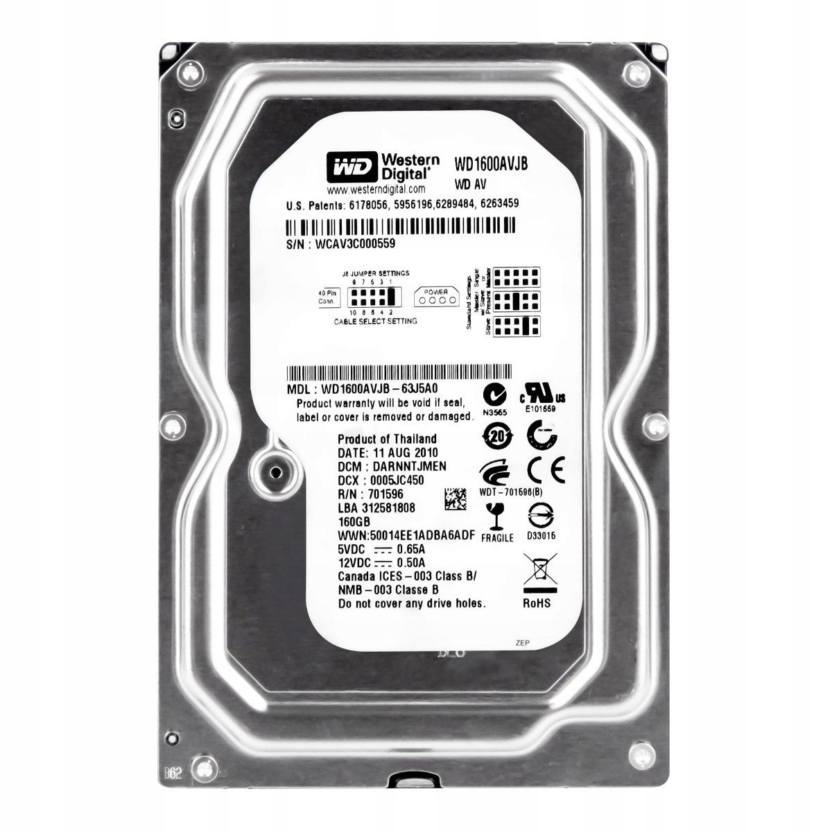 Wd Av 160GB 7.2K 8MB Ata 3.5'' WD1600AVJB-63J5A0