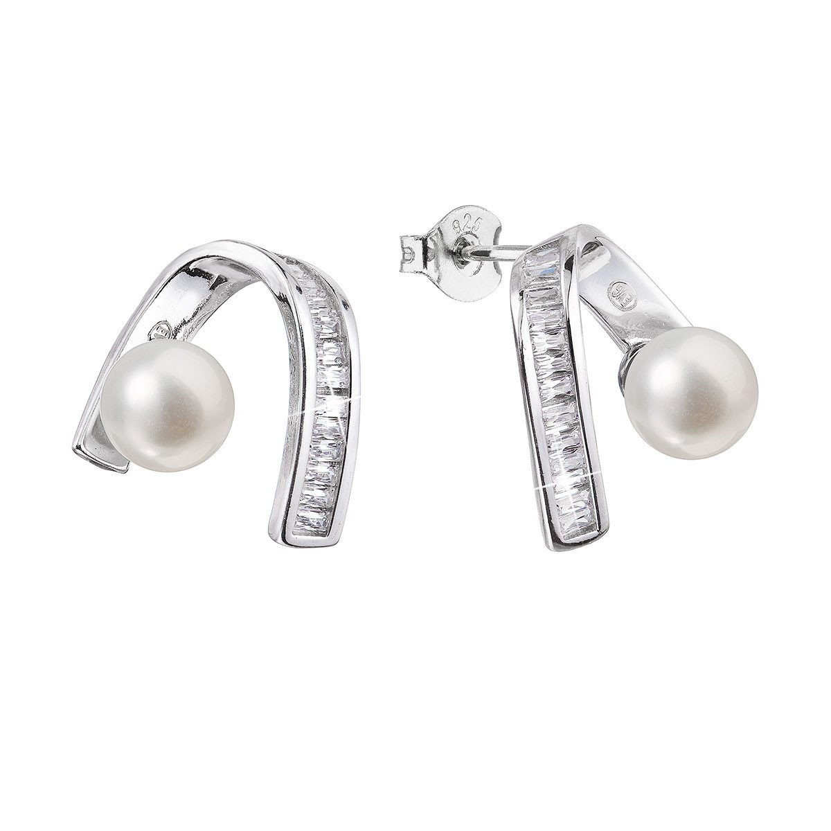 Evolution Group Stříbrné náušnice visací s bílou říční perlou a zirkony 21074.1